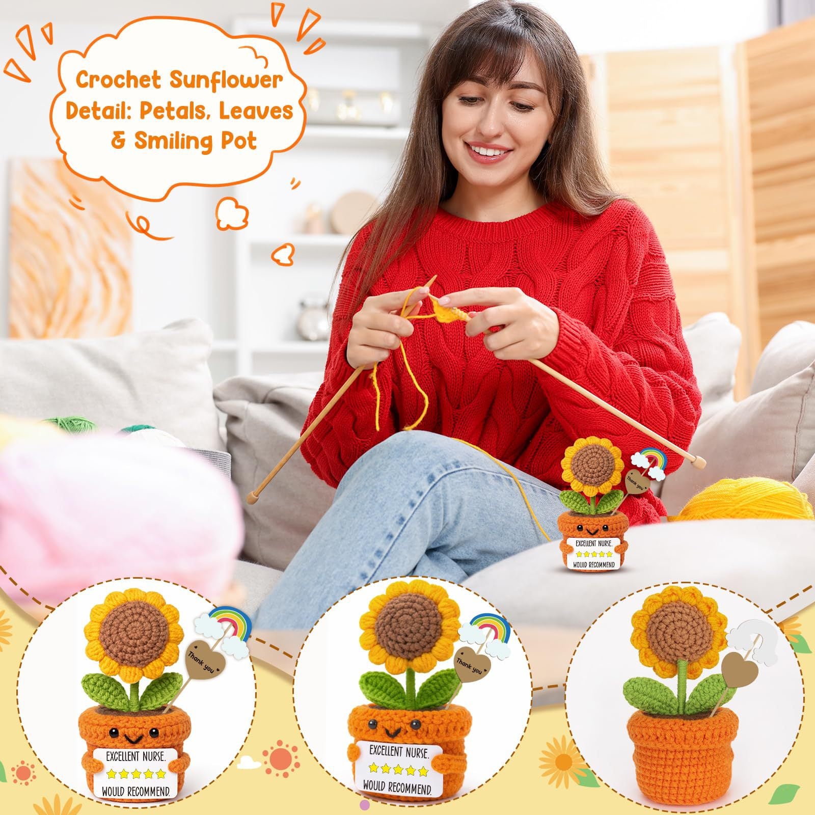 Crochet Sunflower Pot Plush Gift Positive Decor Toy