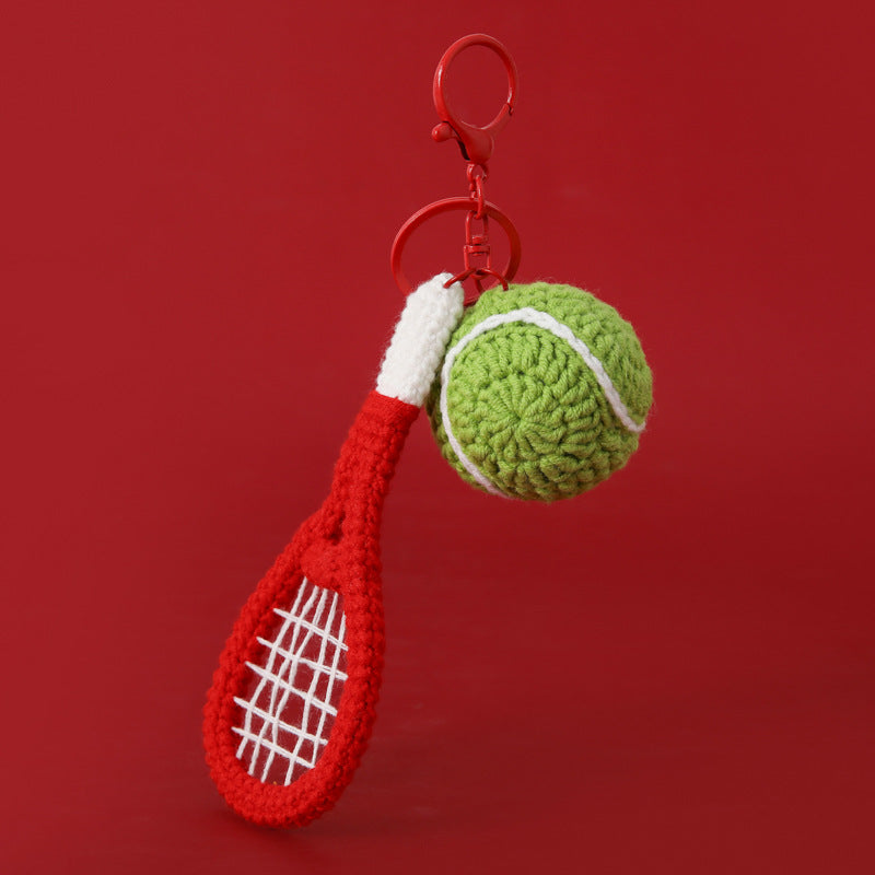 Crochet Tennis Racket Shaped Keychain Sporty Ball Bag Charm