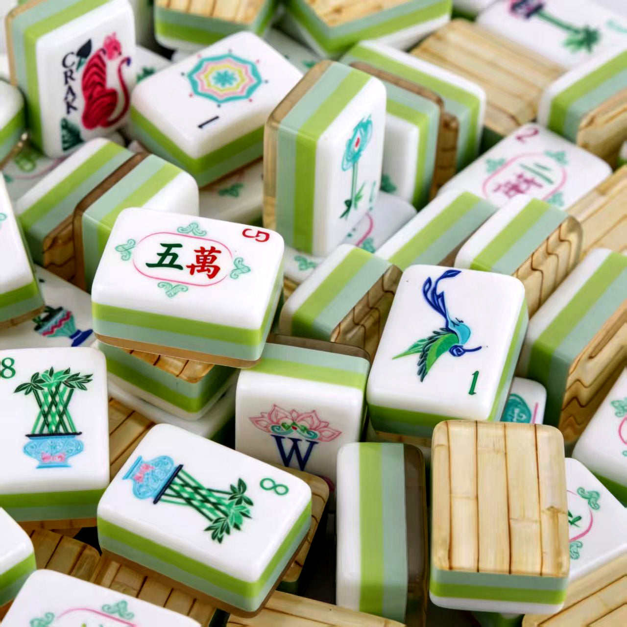 Green Stripe Acrylic Mahjong Set Portable Game Tiles