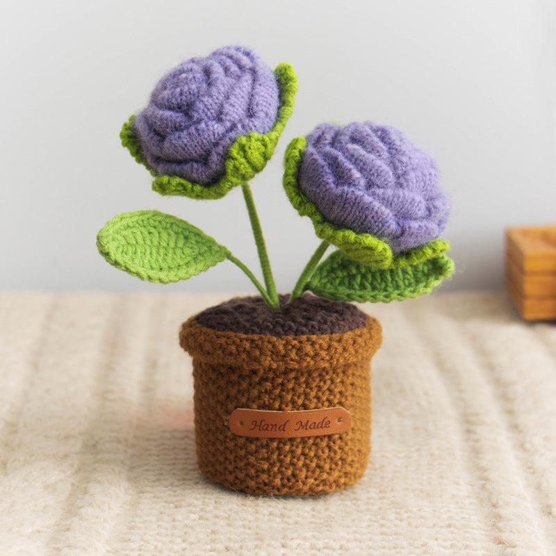 Valentine Handmade Crochet Double Rose Potted Decor