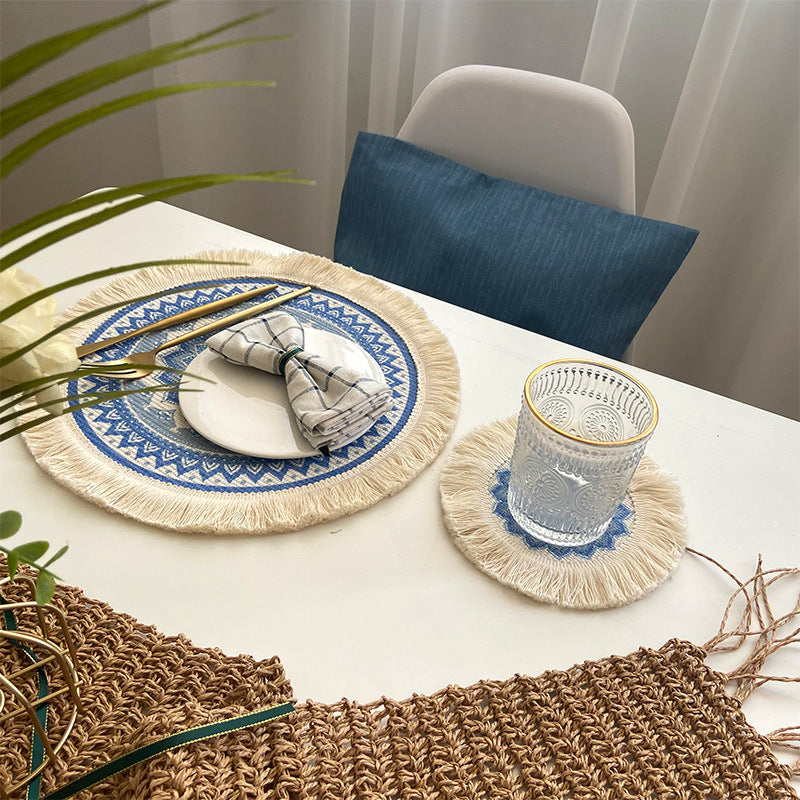 Boho Pattern Round Decorative Drink Coaster Set with Tassels
