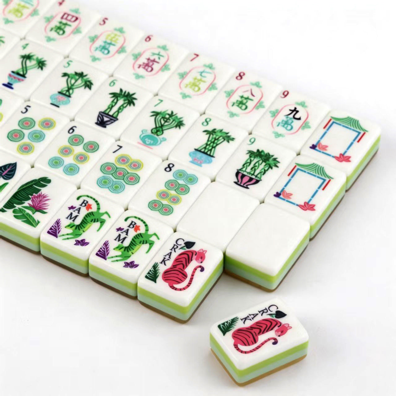 Green Stripe Acrylic Mahjong Set Portable Game Tiles