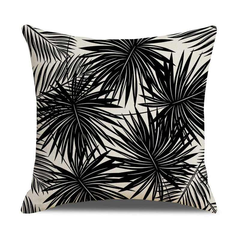 Modern Black White Linen Throw Pillow Cover Botanical Leaf