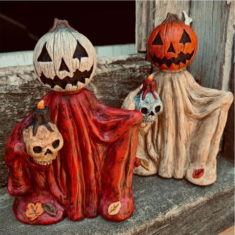 Halloween Pumpkin Skeleton Figurine Spooky Tabletop Decor