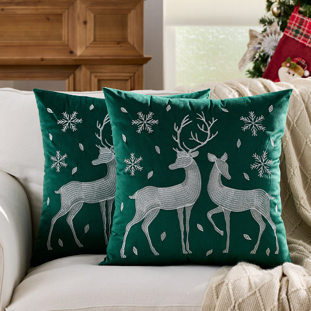 Christmas Reindeer Pillow Cover Gold Foil Tree 18x18 in