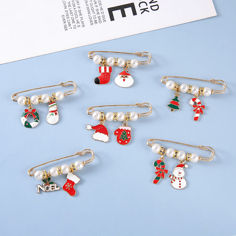 Christmas Pearl Safety Pin Brooch Holiday Jewelry