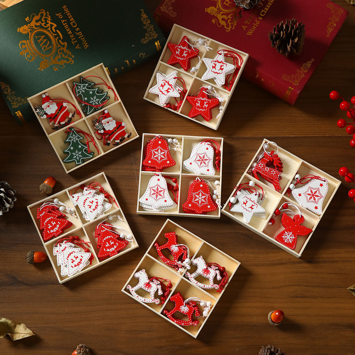 Wooden Christmas Ornament Set Holiday Hanging Decor