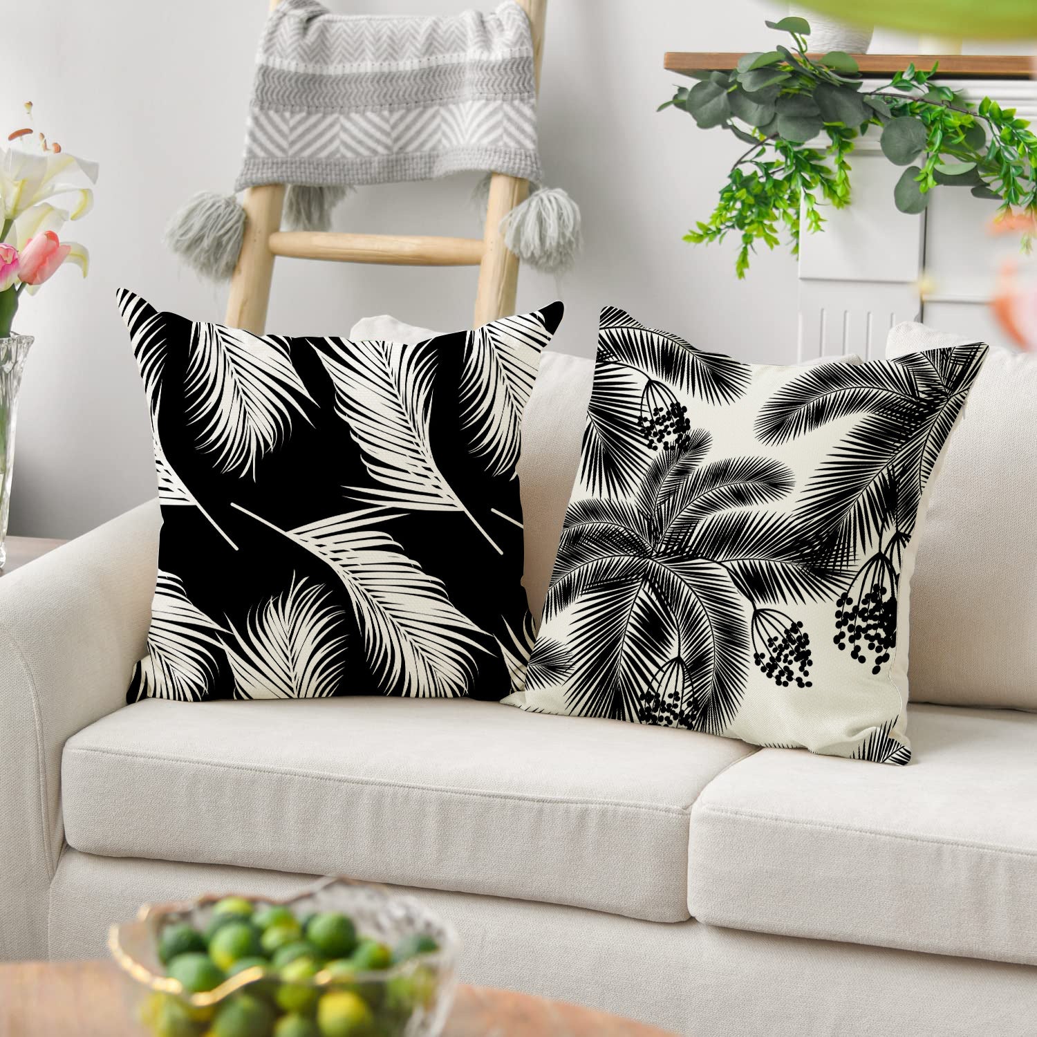 Modern Black White Linen Throw Pillow Cover Botanical Leaf