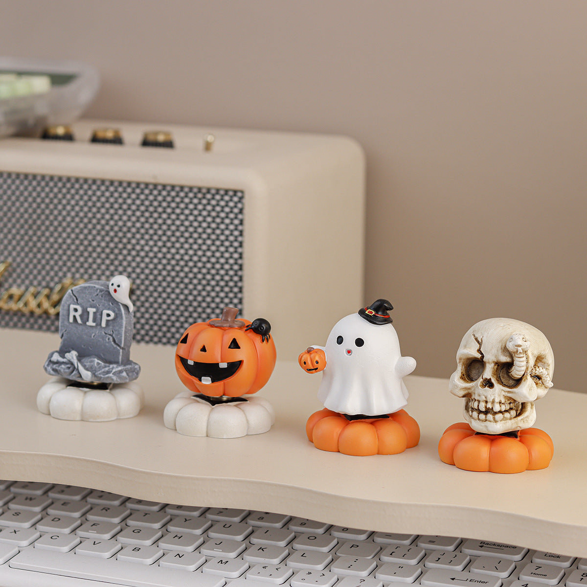 Resin Halloween Rotating Pumpkin Ghost Skull Tabletop Decoration