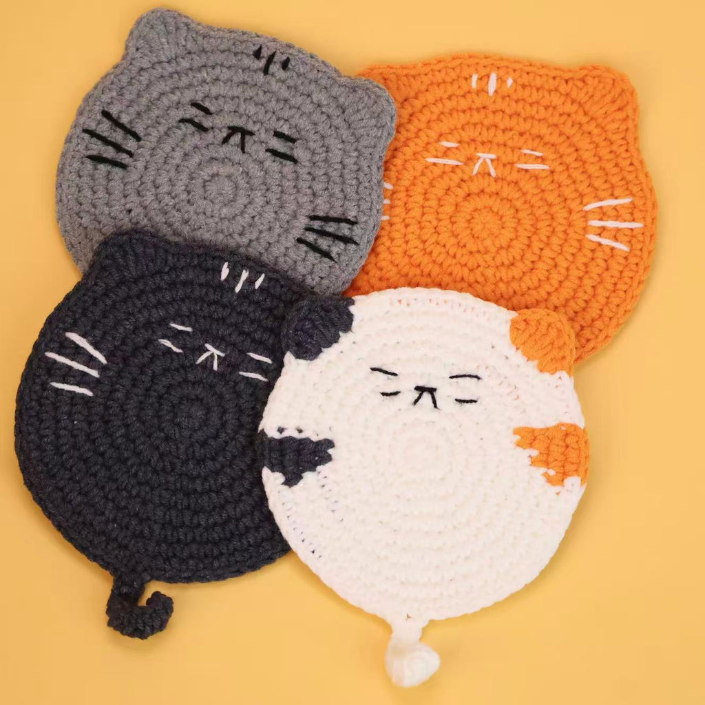 Cute Handmade Crochet Cat Coaster Round Drink Mat