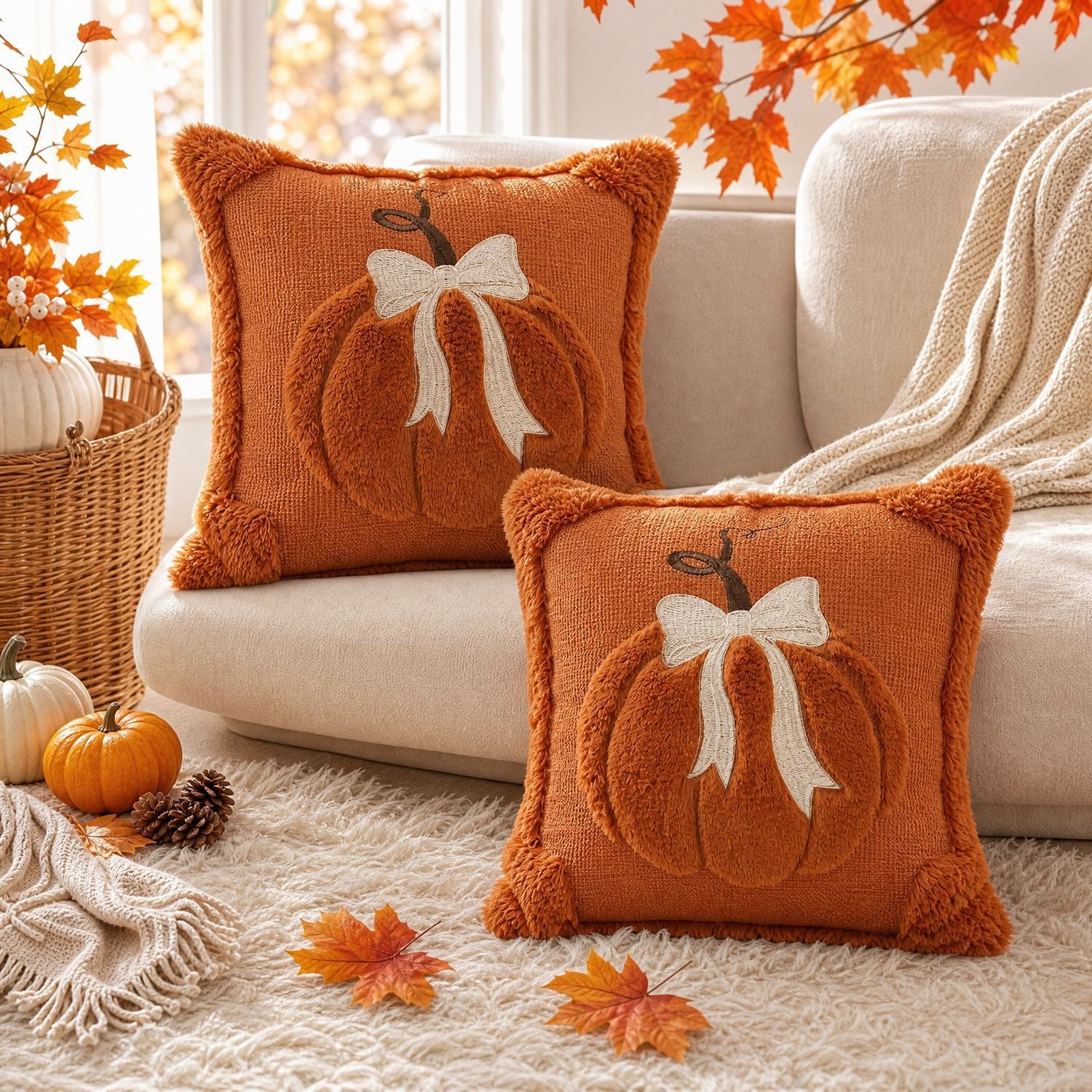 Pumpkin Bow Pillow Cover Fall Halloween Home Decor