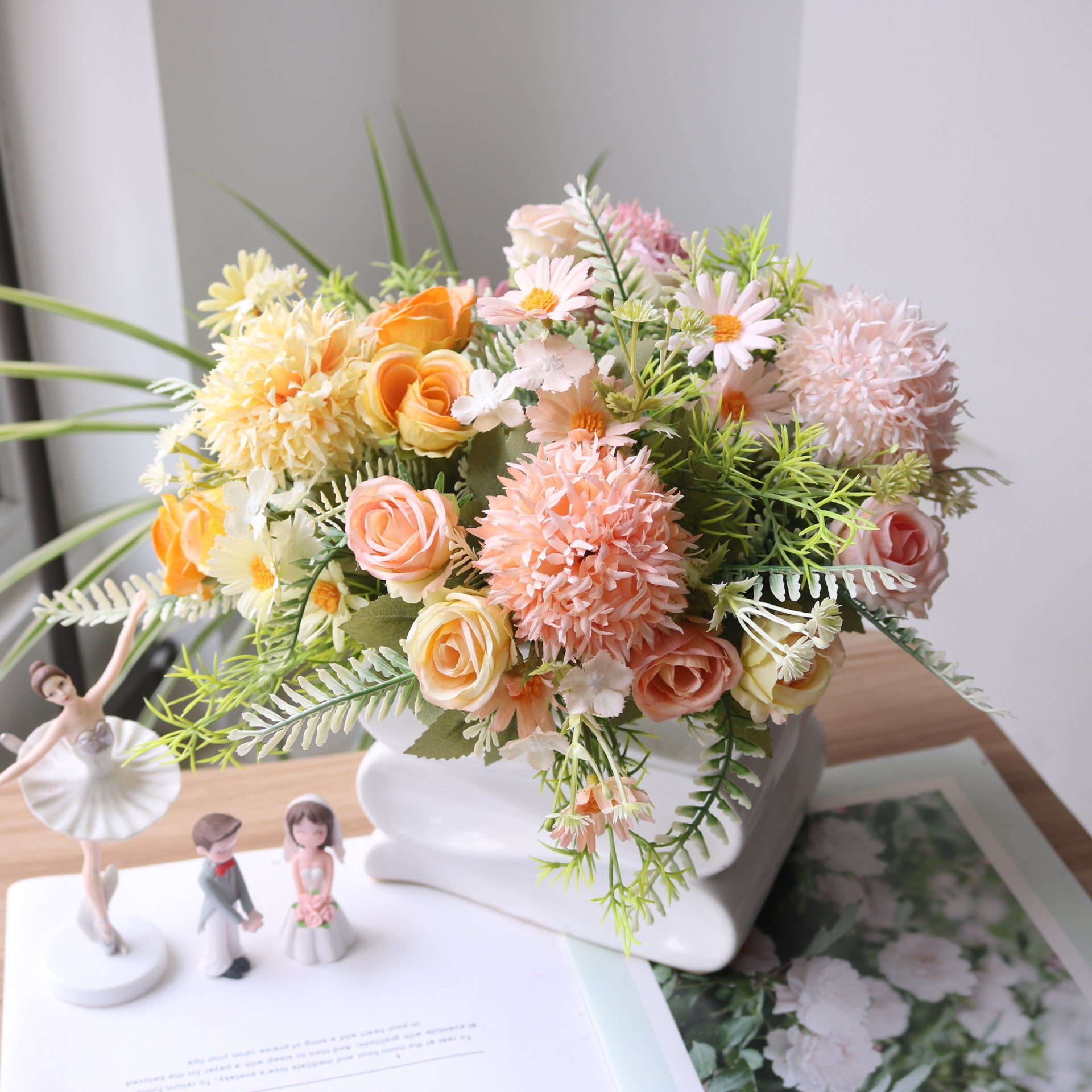 Valentine Faux Thistle Rose Daisy Bouquet Woodland Decor