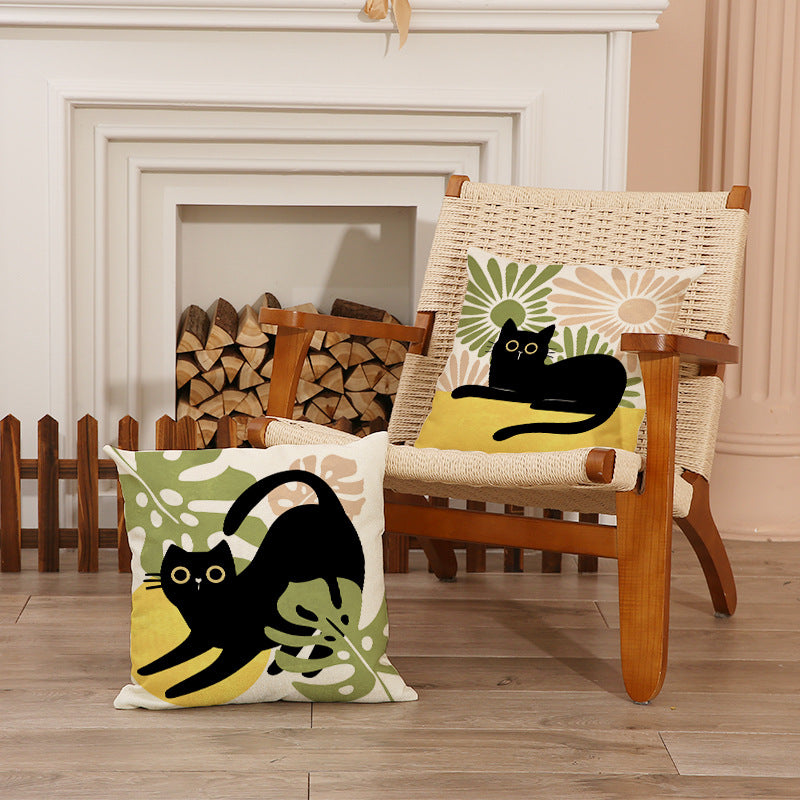 Nordic Black Cat Throw Pillow Cover with Botanical Print