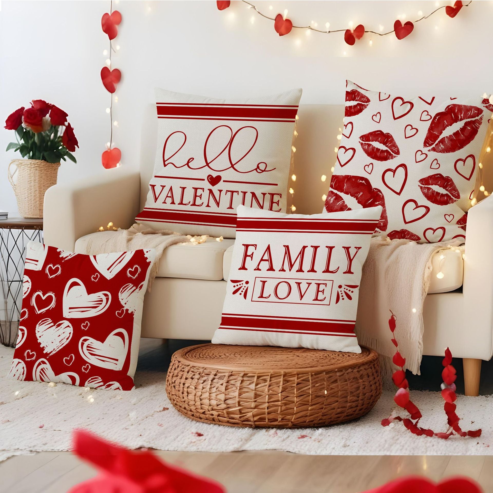 Valentine Red Heart Pillow Cover Family Love Decorative Home