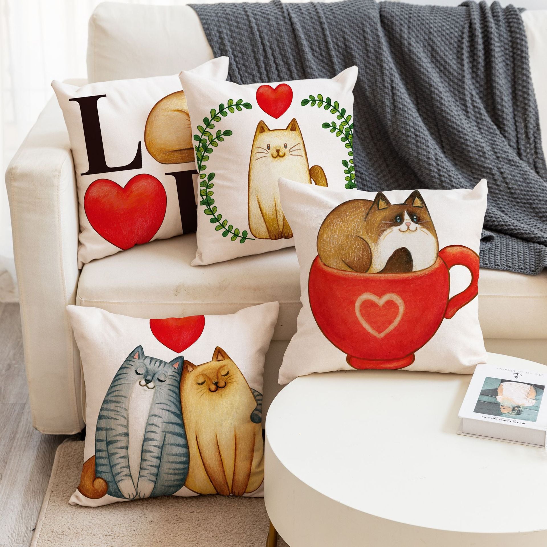 Valentine Cat Pillow Cover Nordic Linen Cute Love Cushion