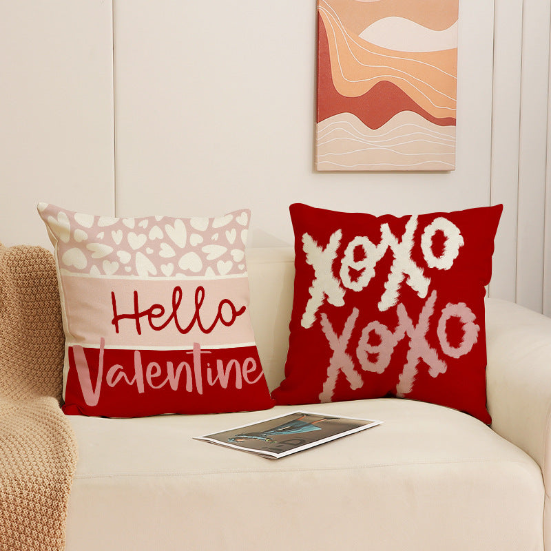 Valentine Heart Print Linen Pillow Covers Set for Home Décor