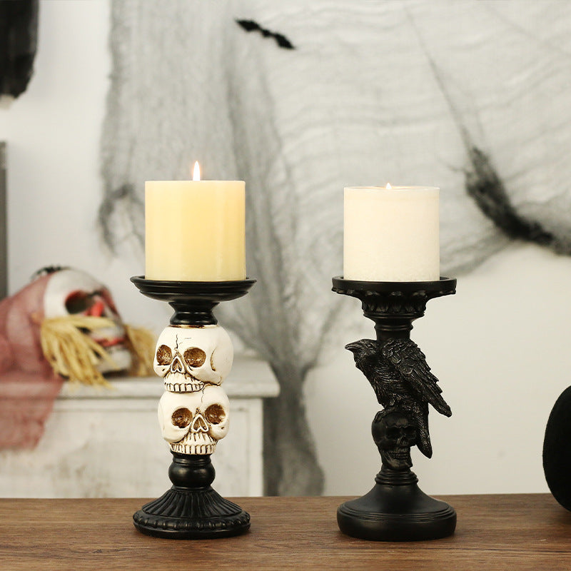 Resin Halloween Skull Raven Candle Holder Tabletop Decor