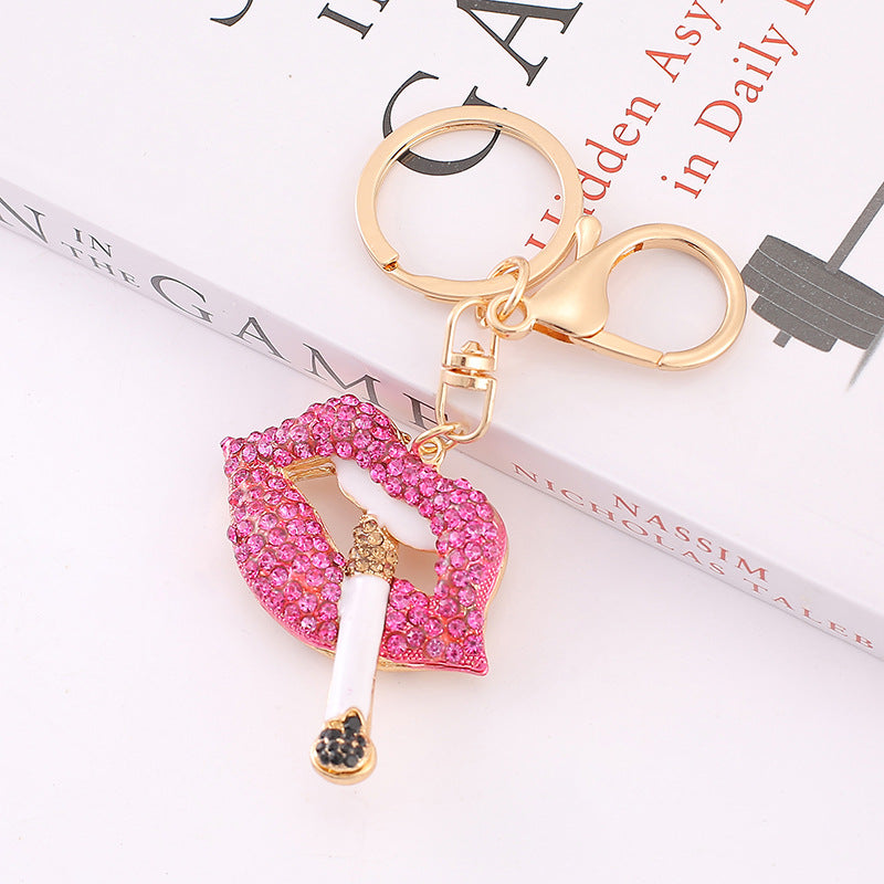 Rhinestone Lips Keychain Gold Tone Bag Charm Gift