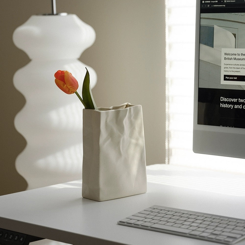 Modern Ceramic Paper Bag Vase Minimalist Desk Table Decor