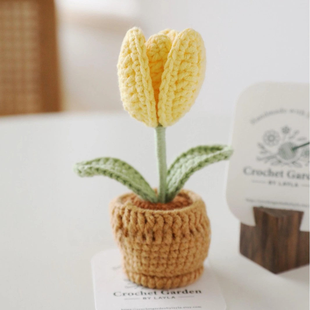 Crochet Tulip in Pot Handmade Mini Flower Decorative Accent