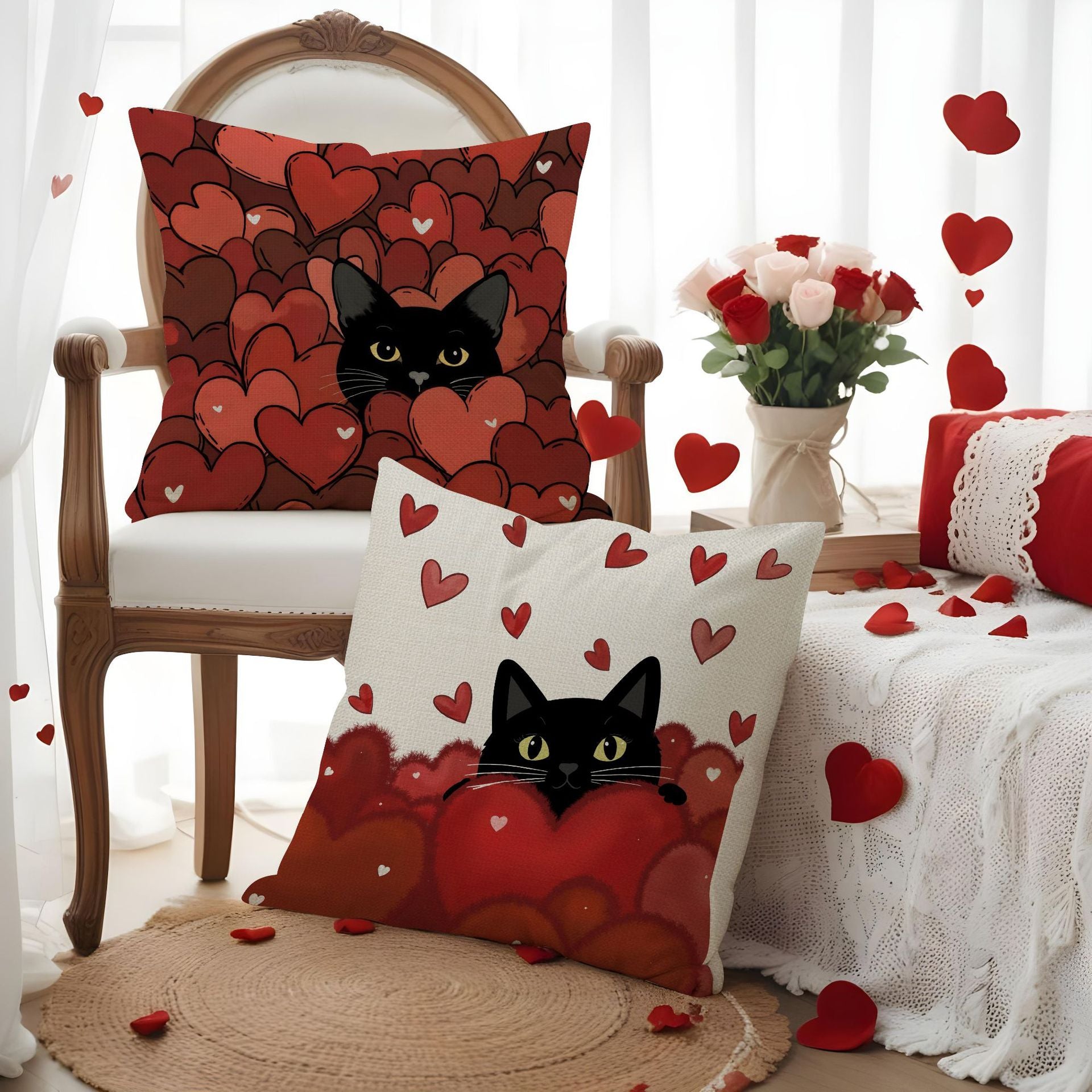 Cute Black Cat Valentine Heart Throw Pillow Cover Set