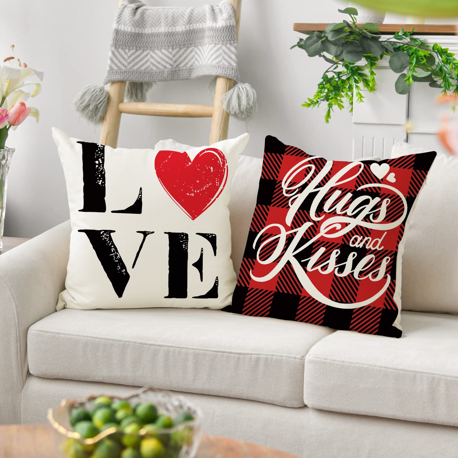 Red Plaid Valentine Pillow Cover with Heart Letter Print