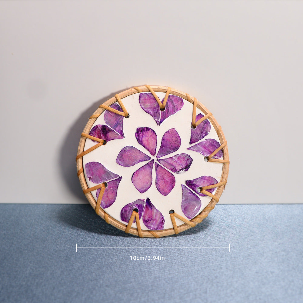 Shell Mosaic Drink Coaster Round Woven Rattan Cup Mat
