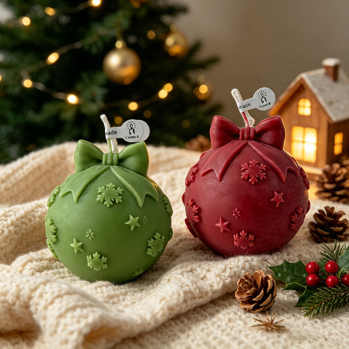 Christmas Ball Candle Holiday Ornament Decor Festive Tabletop Accent