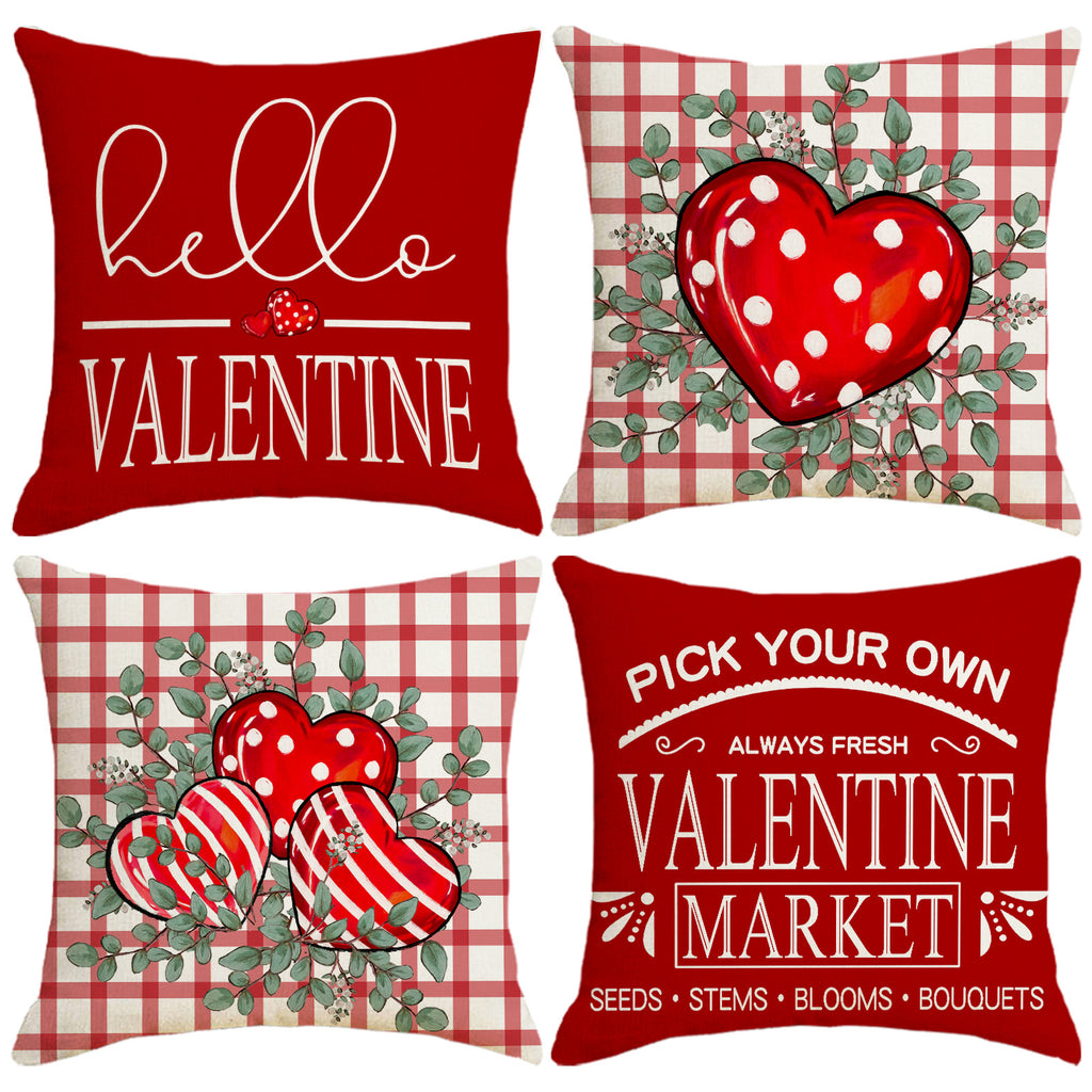 Valentine Gingham Heart Print Linen Pillow Cover Set