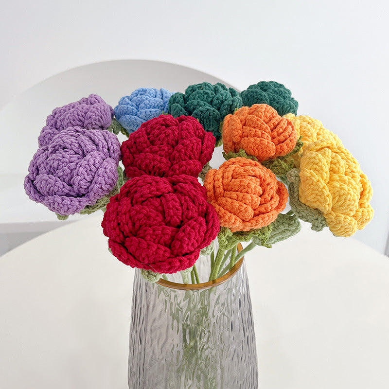 Valentine Crochet Rose Flower Handmade Yarn Stem Gift