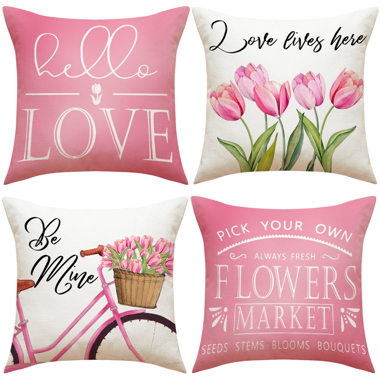 Valentine Tulip Print Linen Pillow Covers Spring Gift Decor