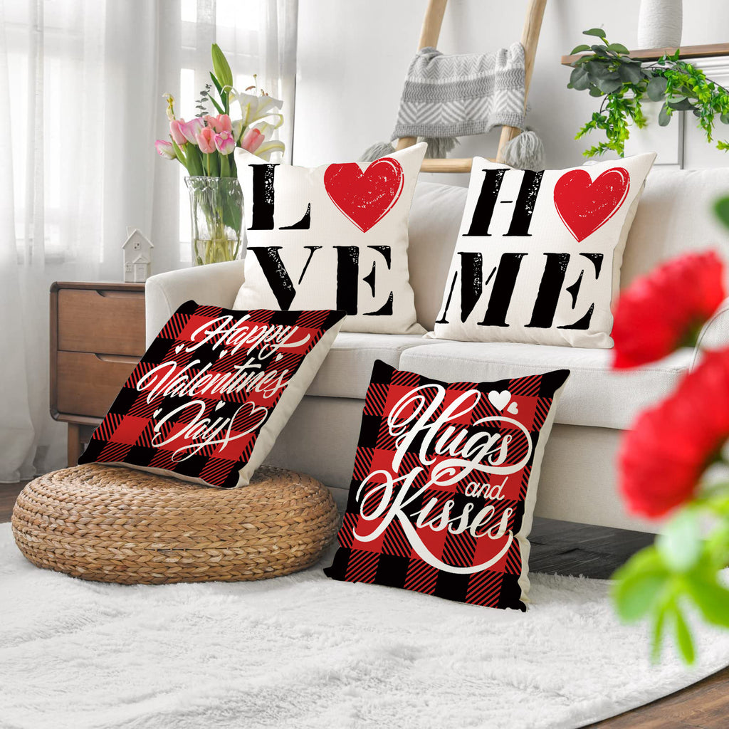 Red Plaid Valentine Pillow Cover with Heart Letter Print