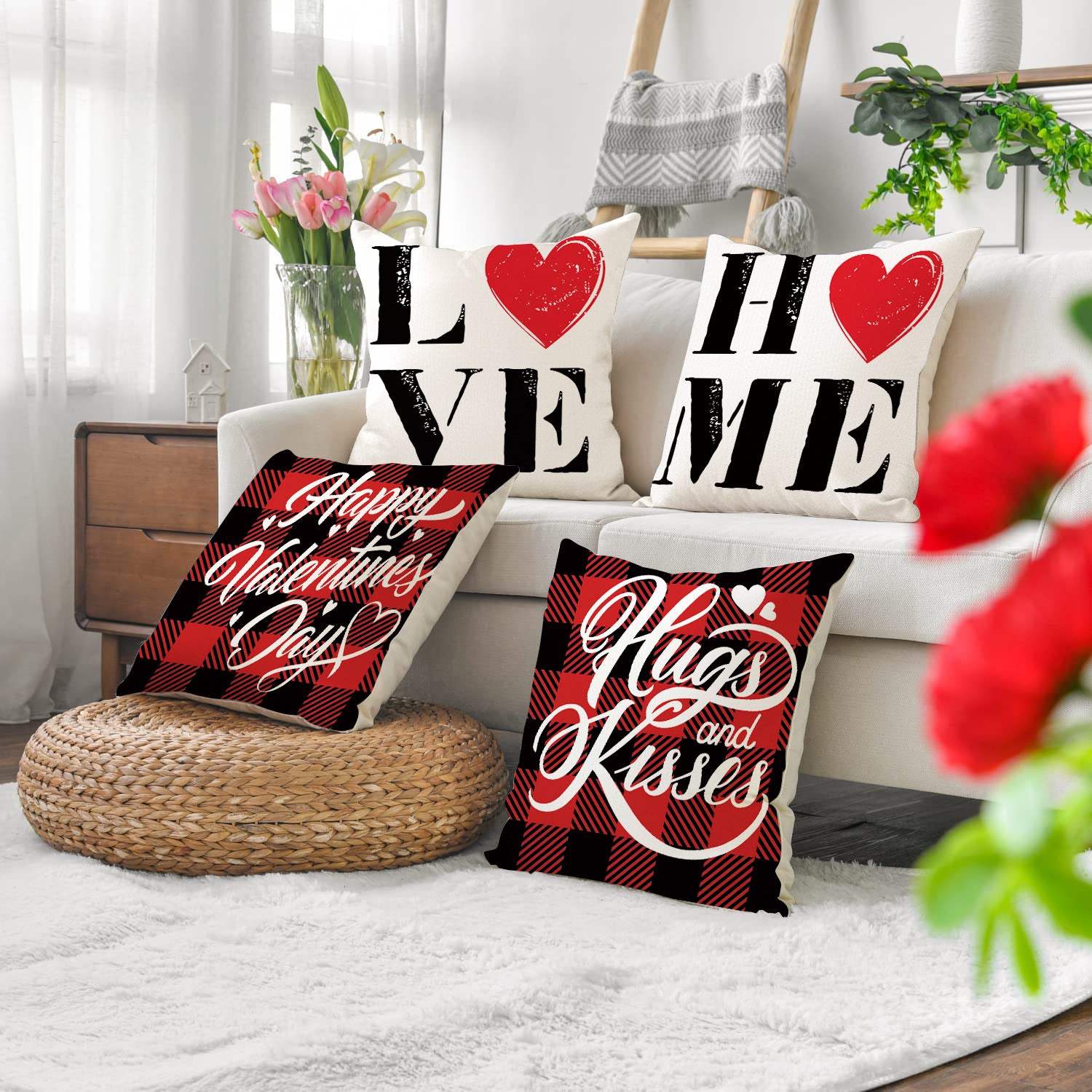 Red Plaid Valentine Pillow Cover with Heart Letter Print