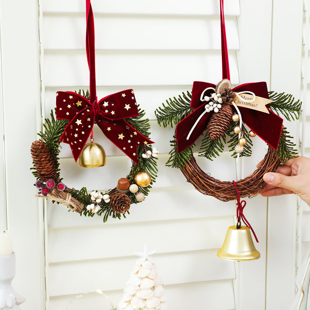 Christmas Mini Wreath Velvet Bow Pinecone Bell Ornament