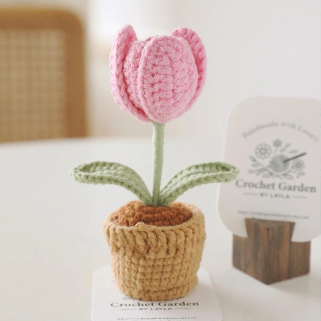 Crochet Tulip in Pot Handmade Mini Flower Decorative Accent