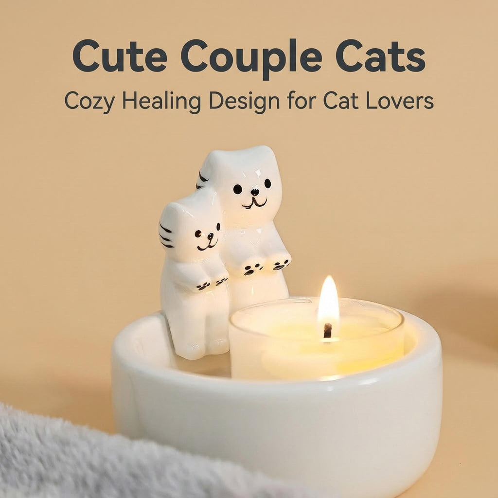 Cute Couple Cats Candle Holder Ceramic Tabletop Decor