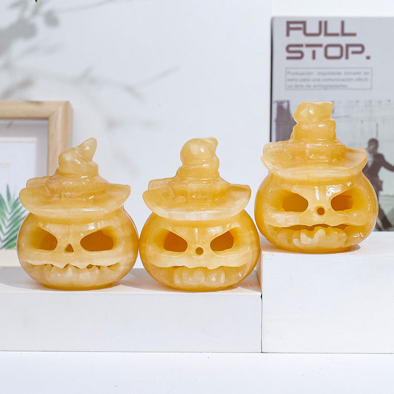 Natural Yellow Calcite Carved Pumpkin Figurine Decor