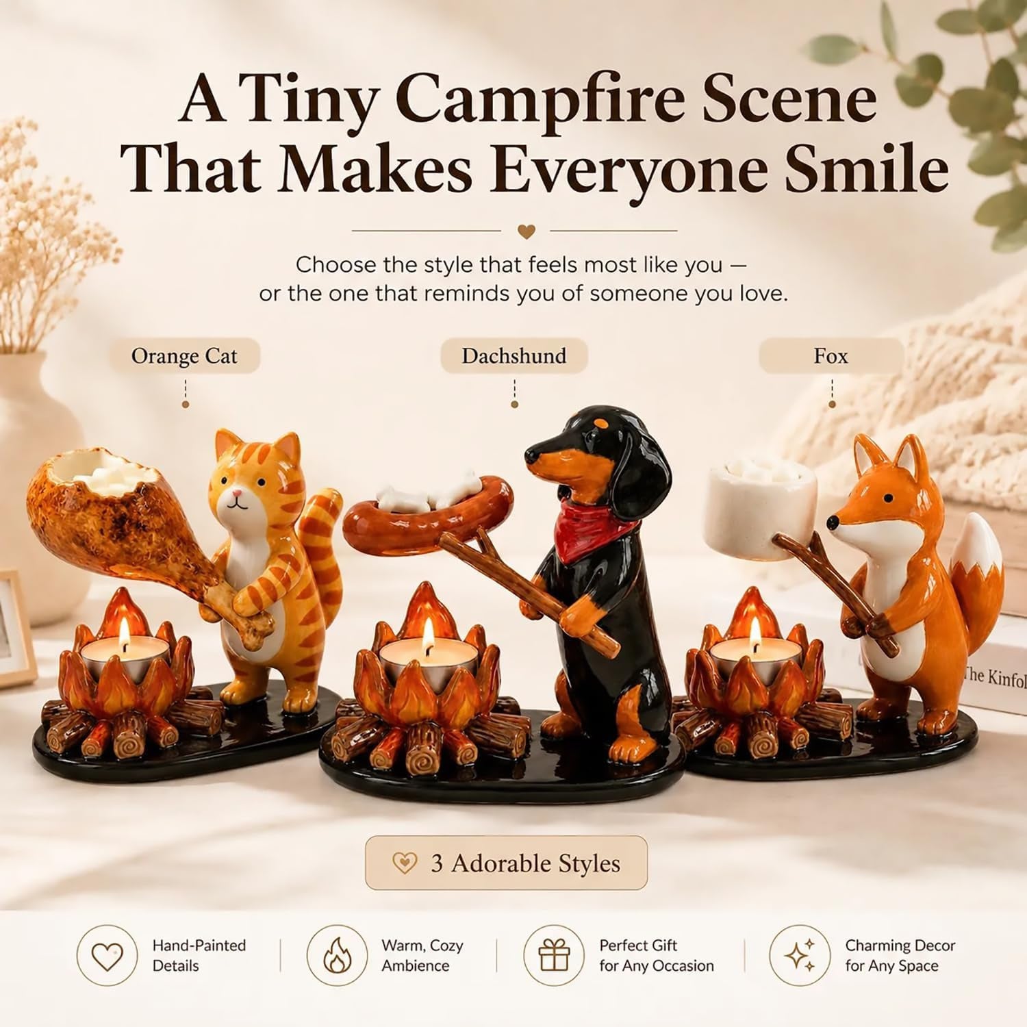Cute Campfire Animal Tea Light Holder Resin Home Decor