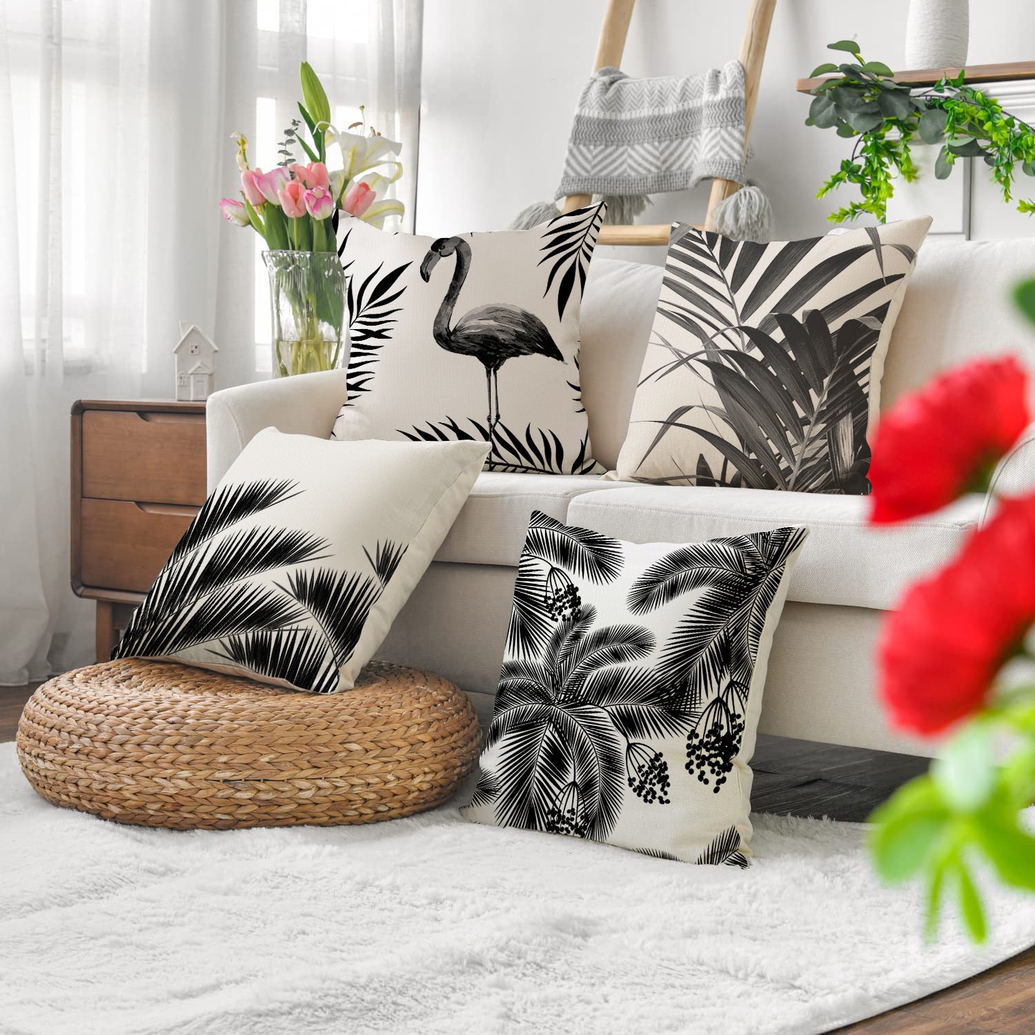 Modern Black White Linen Throw Pillow Cover Botanical Leaf