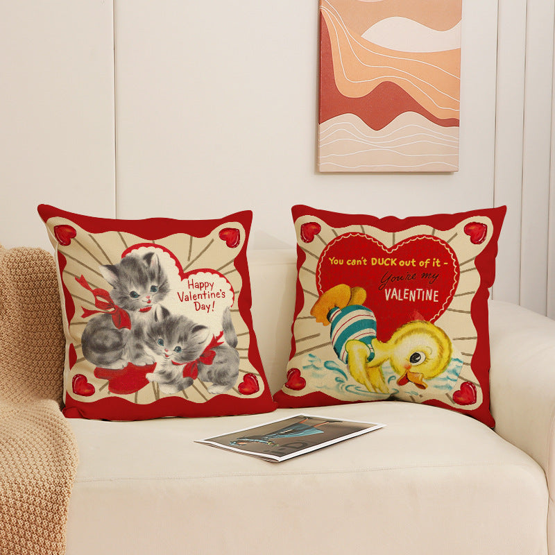 Vintage Valentine Throw Pillow Cover Cute Animal Heart Decor