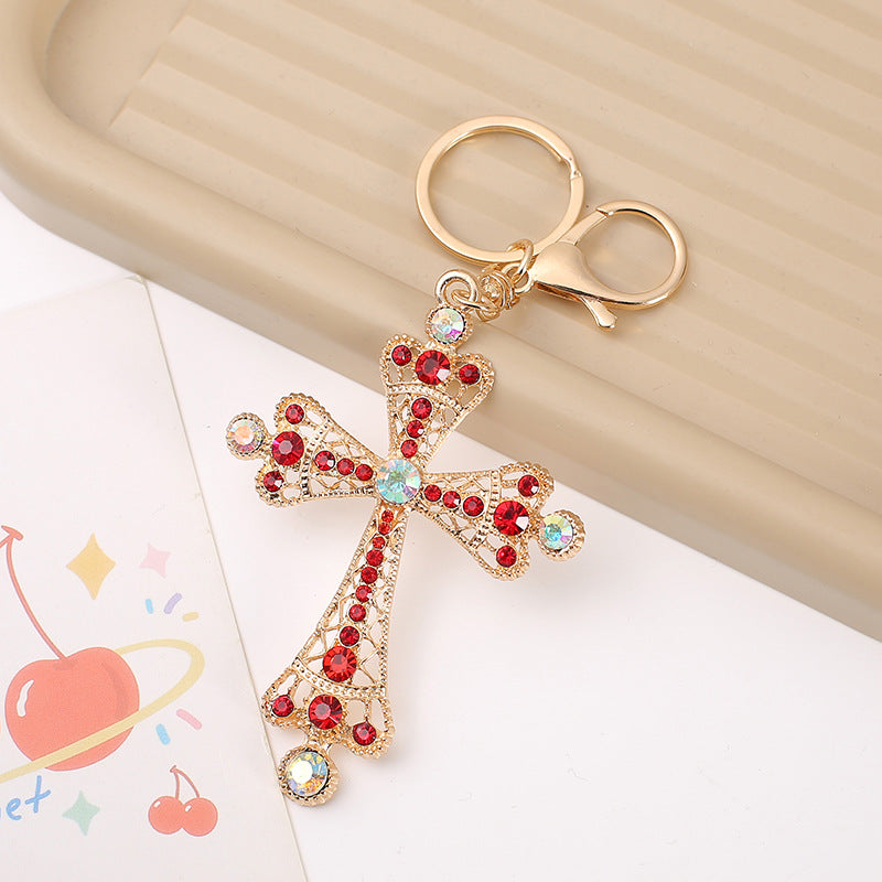 Rhinestone Cross Keychain Gold Alloy Charm