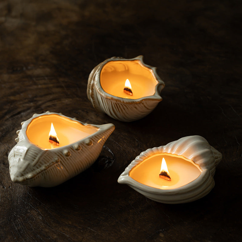 Conch Ceramic Candle Holder with Candle Tabletop Decor