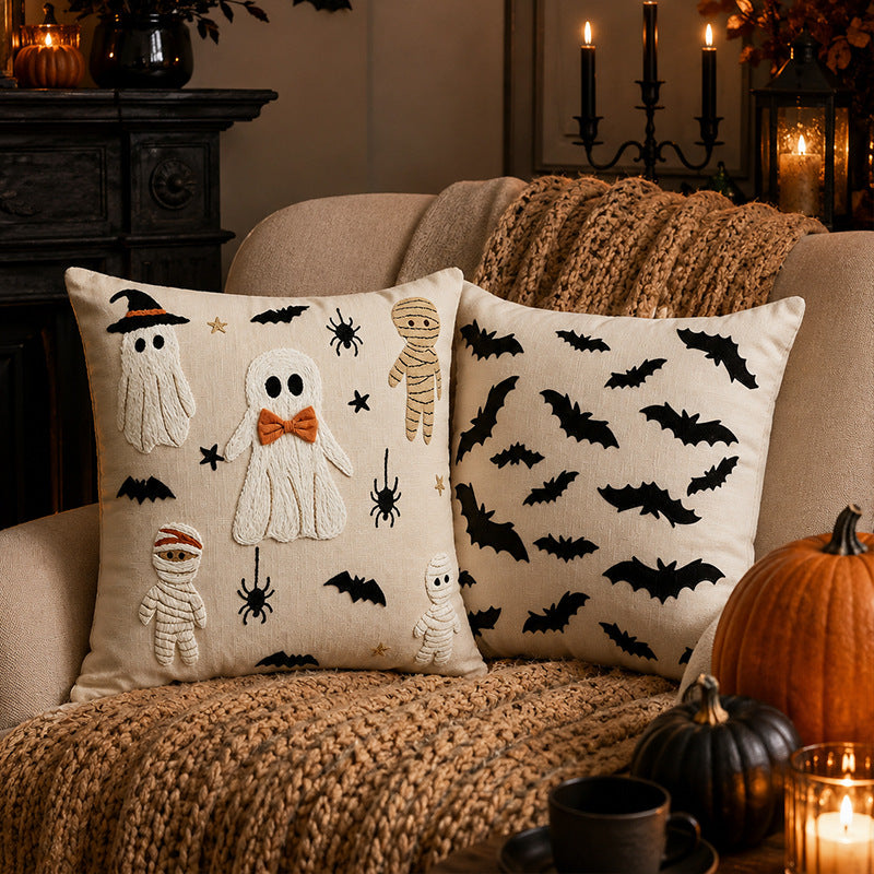 Halloween Ghost Bat Pattern Decorative Pillow Cover