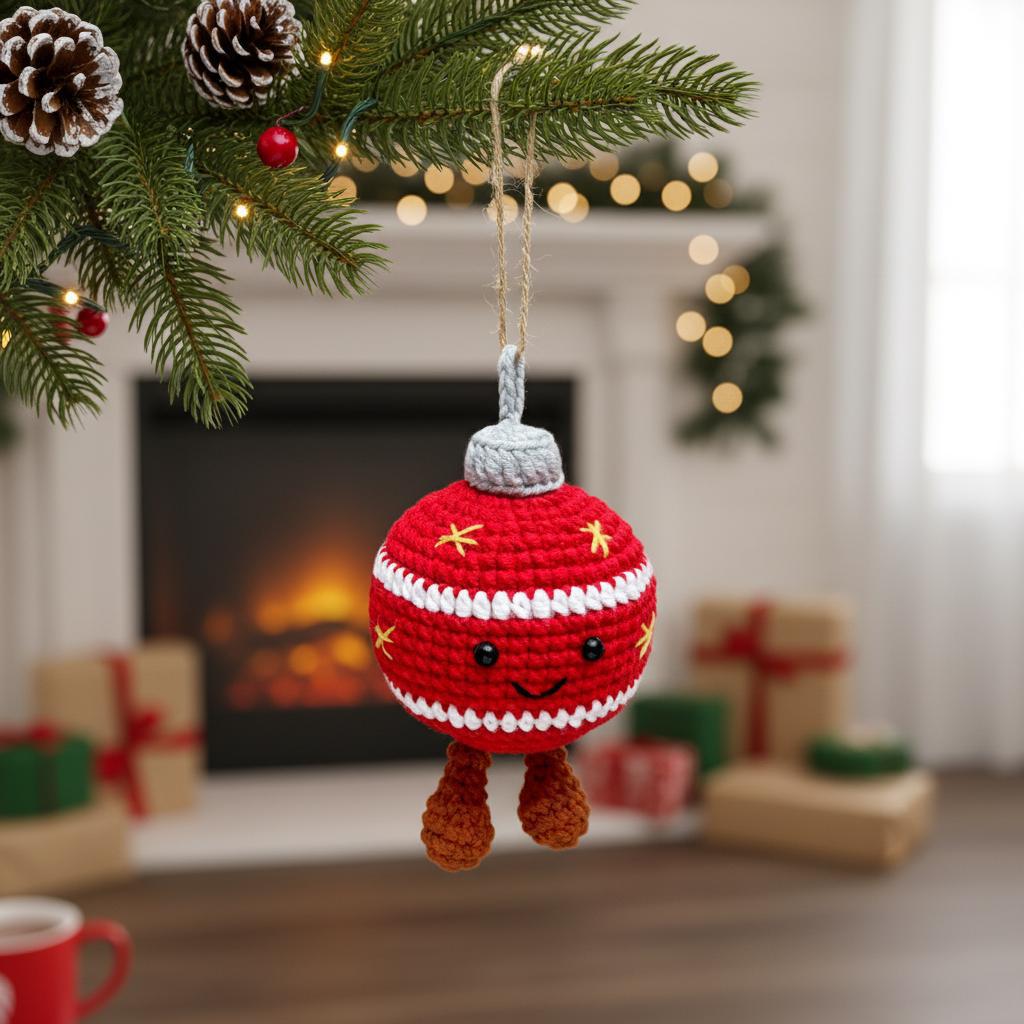 Handmade Crochet Christmas Ornament Smiley Face with Legs