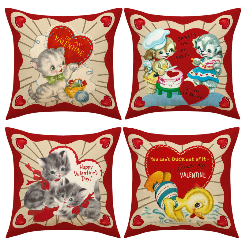 Vintage Valentine Throw Pillow Cover Cute Animal Heart Decor