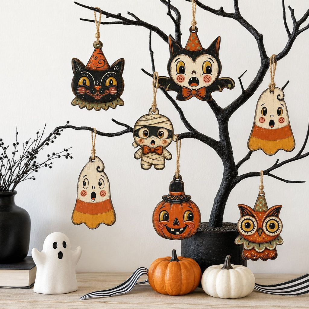 Wooden Halloween Ornament Double Sided Printed Rustic Holiday Decor