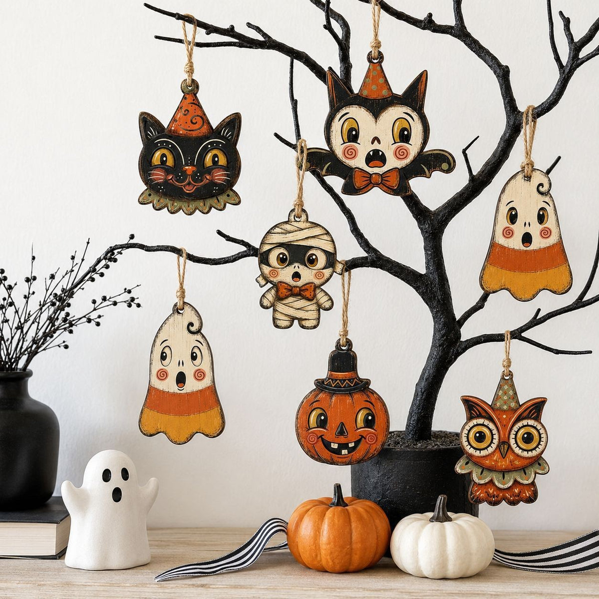 Wooden Halloween Ornament Double Sided Printed Rustic Holiday Decor
