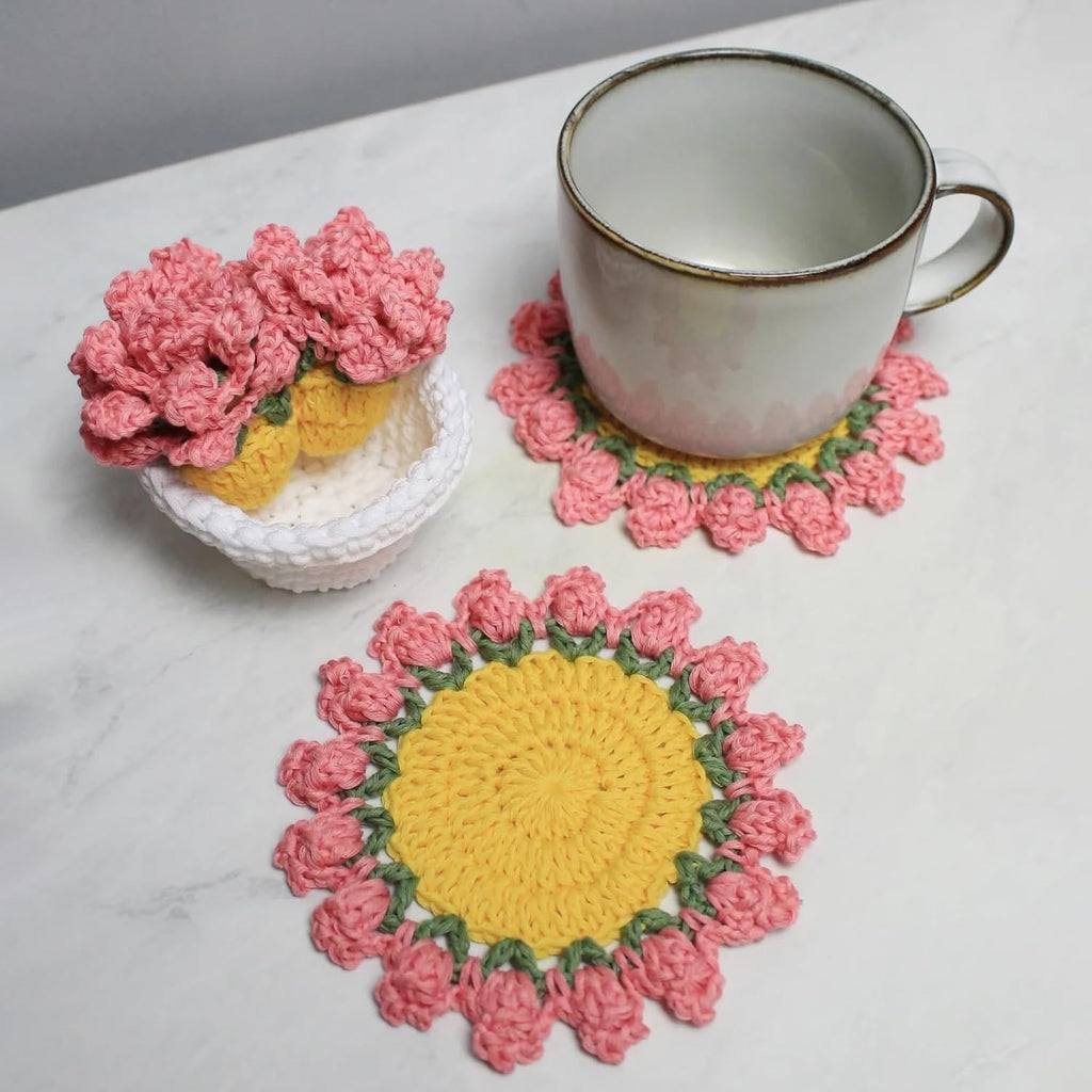 Handmade Crochet Flower Basket Coaster Set Home Decor