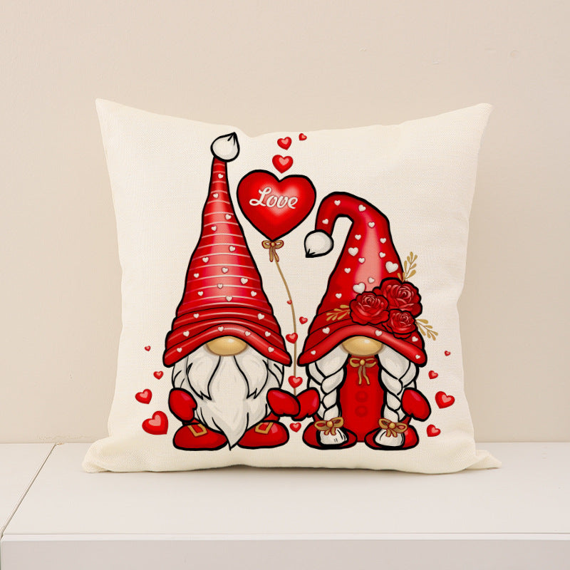 Valentine Gnome Love Heart Print Linen Pillow Cover Set