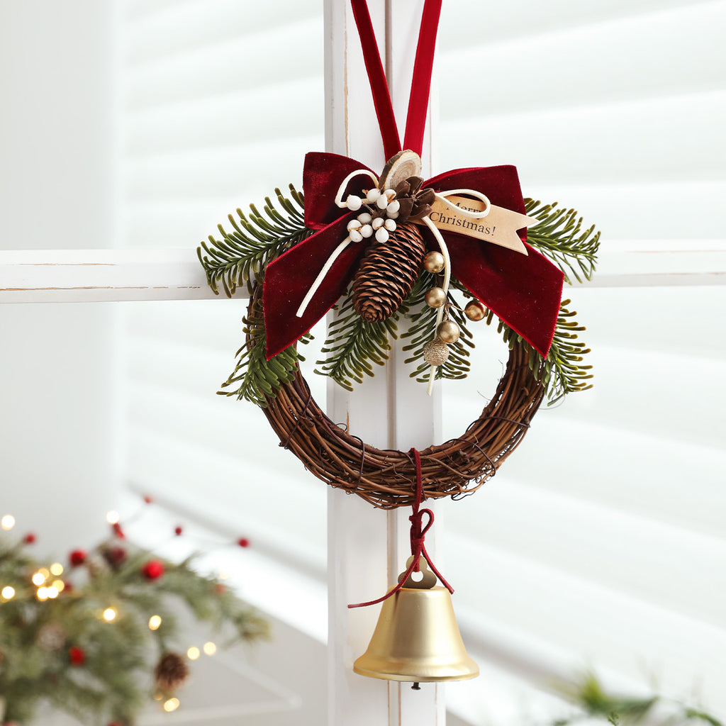 Christmas Mini Wreath Velvet Bow Pinecone Bell Ornament